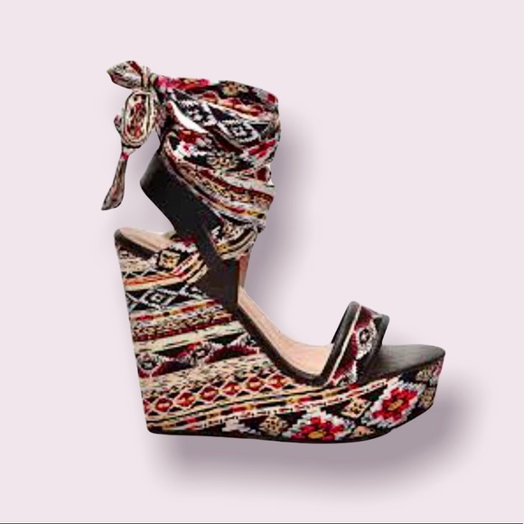 BAMBOO Women’s Black/Pink Geometric Strappy Aztec Wedges size 6 - Picture 2 of 7